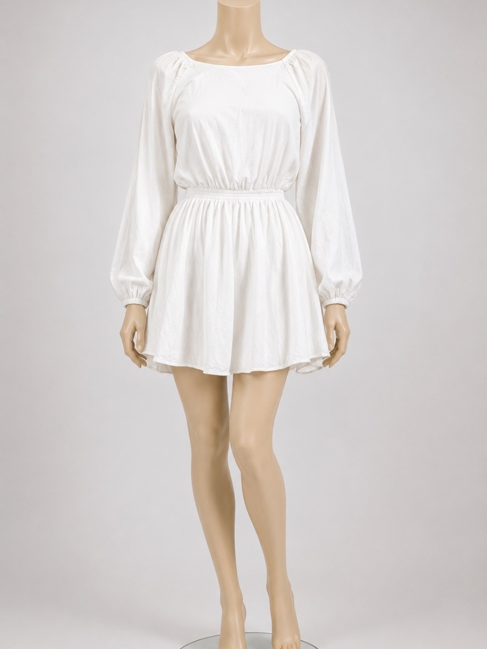 Divided White Long-Sleeve Elastic-Waist Mini Dress